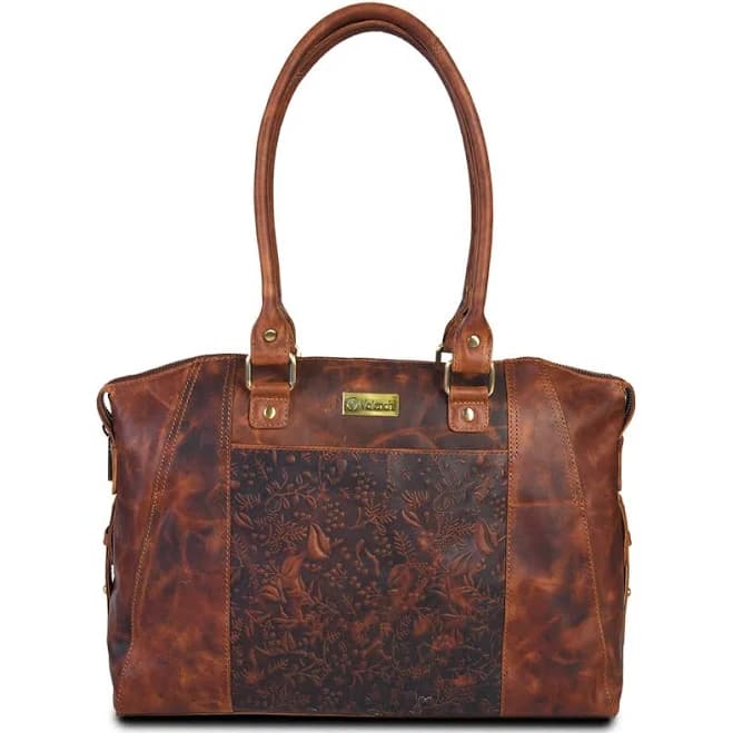 DORLUKFU Women's Genuine Leather Flower Embossed Tote Bag