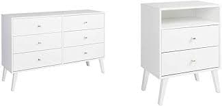 Amazon.com: Prepac Milo Mid-Century 6 Drawer Double Dresser for Bedroom, 16" D x 52.50" W x 33" H, White & Milo Mid-Century Modern 2 Drawer Nightstand with Open Shelf, 16" D x