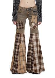 Washed Denim Plaid Patchwork Flare Pants Darker Wavs - Plaid – Dolls Kill