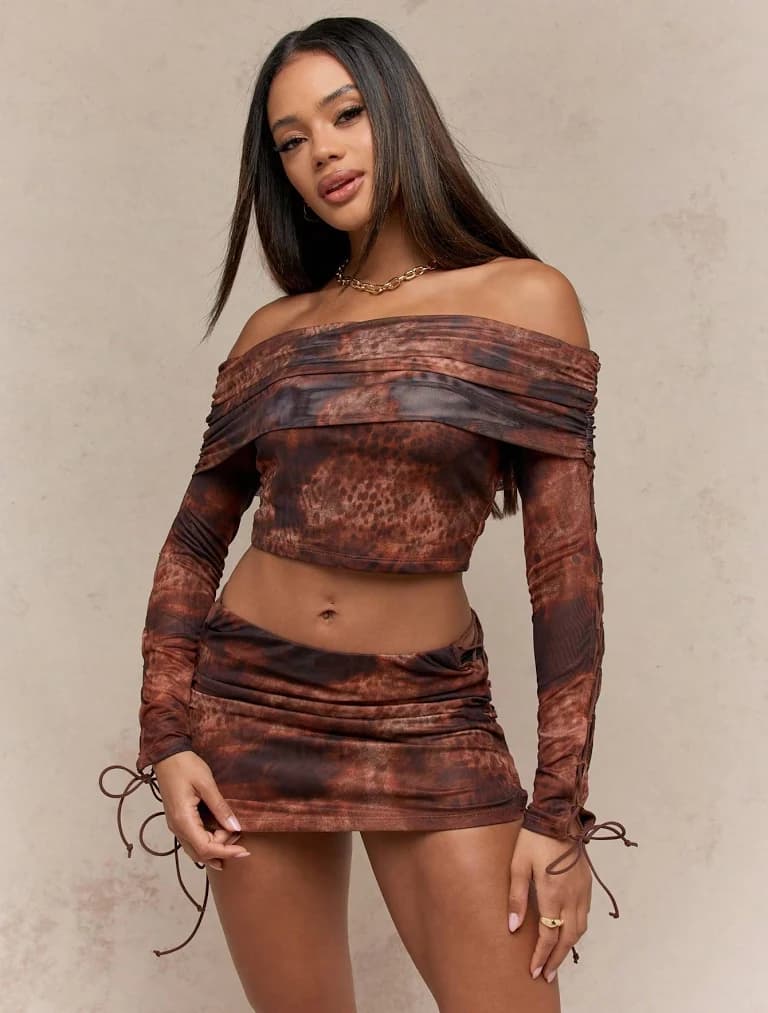 Missguided Off-Shoulder Leopard Print Mesh Co-Ord Set