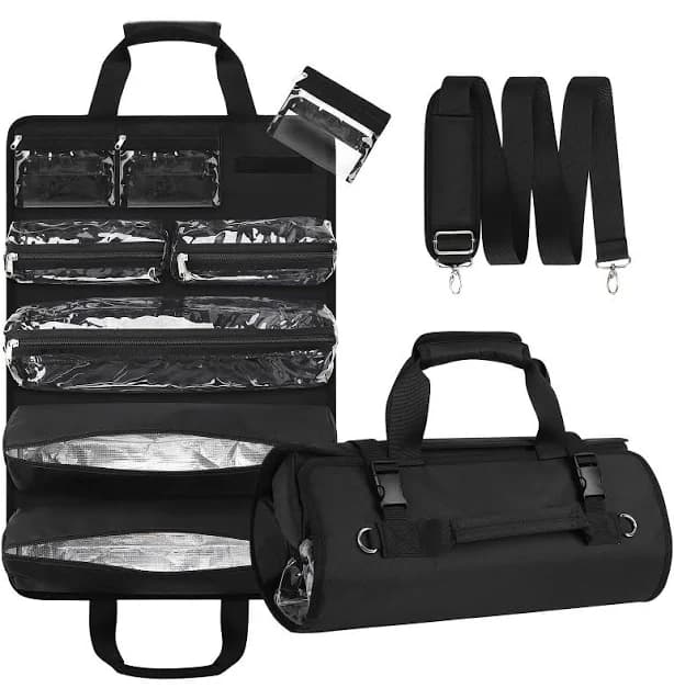 Hairstylist Traveling Roll Up Tool Bag with 8 Detachable Zipper Pouch, Heat Resistant Lining