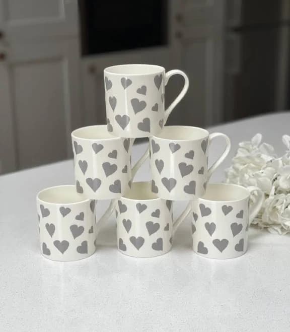 Set of 6 Grey Love Heart Fine Bone China Mugs
