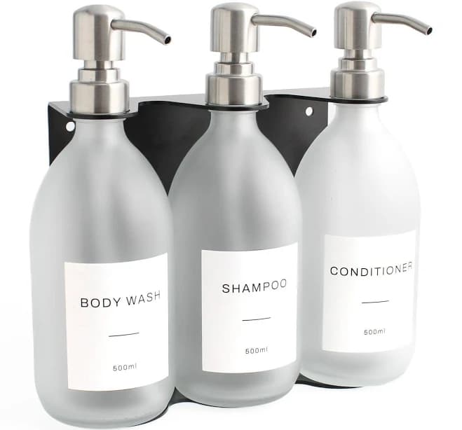 Triple Black Wall Bracket And Frosted White Glass Dispensers Set of 3 - Premium Stainless Steel Mounted Pump Bottle Holder For Soap Label