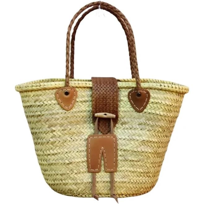 Handwoven Straw Tote with Leather Braided Handles and Wooden Toggle