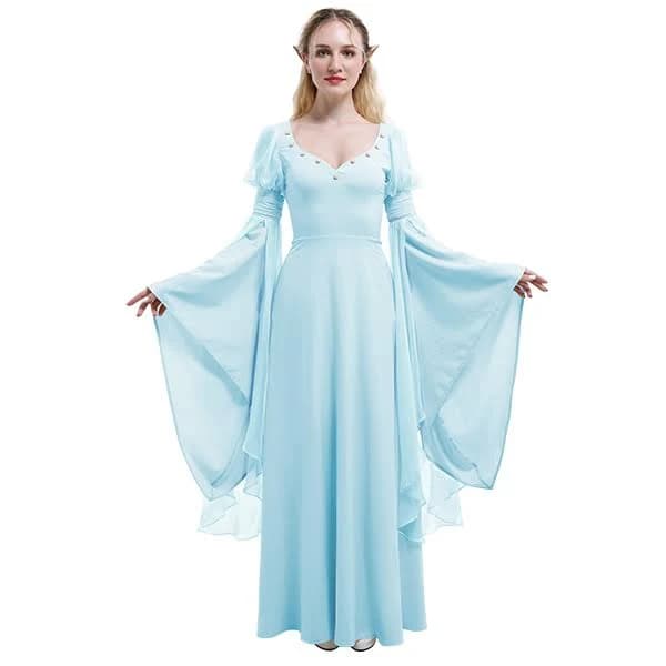 Medieval Renaissance Flower Fairy Elf Dress Light Blue Retro Vintage Long Dress