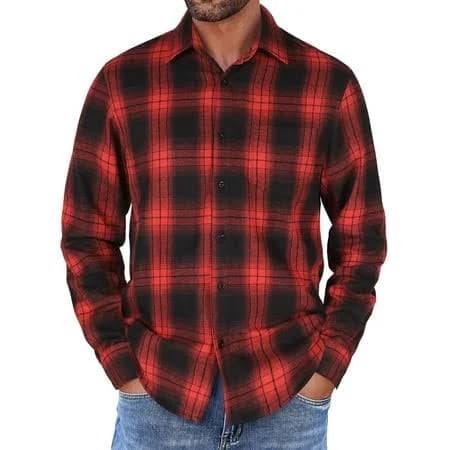 Coofandy Mens Long Sleeve Flannel Shirts with Pocket Lightweight Casual Button Down Shirt Work Shirts for Men, Red/Black, Large Red/BlackXL, Men's