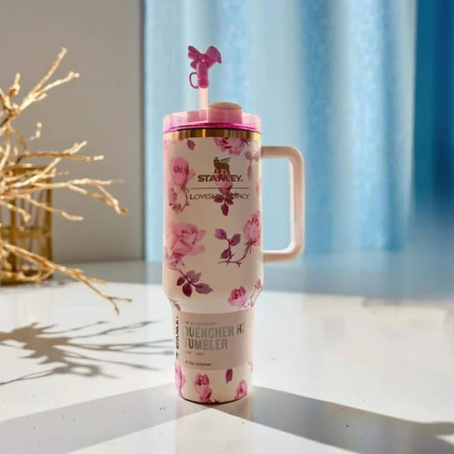 Floral Pink Design 40 Oz Insulated Travel Mug, Stainless Steel Stanley Quencher H2.0 Tumbler, Vacuum Tumbler with Lid and Straw for Water