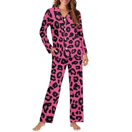 Women's Leopard Print Long Sleeve Button Up Pajama Set