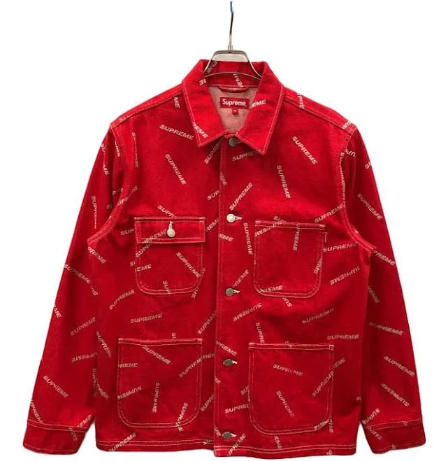 Men's Supreme 17ss Denim Chore Jacket In Red With Logo, Size M,