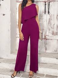 SHEIN Clasi Women's Solid Color Minimalist Casual Sleeveless Oblique Shoulder Ruffle Jumpsuit | SHEIN USA