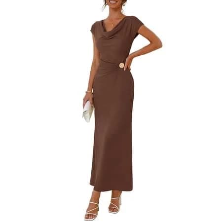 Merokeety Women's 2026 Summer Elegant Bodycon Maxi Dress Cowl Neck Cocktail Wedding Guest Formal Long Dresses, Coffee, L, Size: Large, Brown