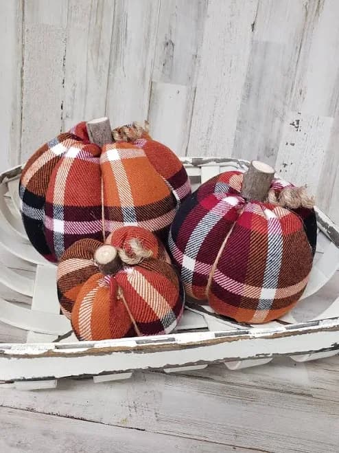 Mini Artificial Pumpkins for Decorating, 3 Pcs Fall Pumpkin Decor Plaid Fabric Pumpkin Centerpiece for Rustic Farmhouse Fall Thanksgiving Autumn Harvest Table Decor