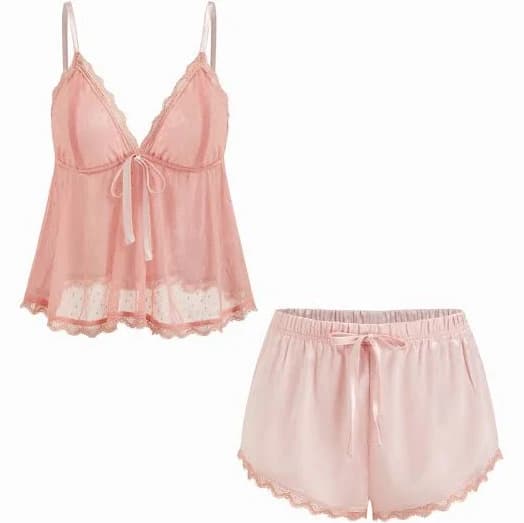 Satin Lace V-Neck Cami Top and Mid Rise Lace Trim Shorts Loungewear Set