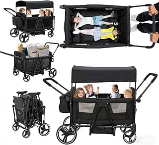 Luxury 4 Seater Wagon Stroller All-Terrain Baby Tandem for 2 3 4 Kids –Push&Pull Foldable Wagon with 5-Point Harness,Adjustable Canopy,Snack Tray for Toddlers’ Beach,Park & Outdoor Adventures