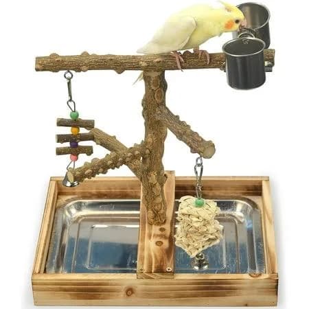 Natural Wood Bird Toys Playground, Bird Cage Accessories, Bird Perches, with Removable Tray and 2 Stainless Steel Cups, Size: 9.5, Other