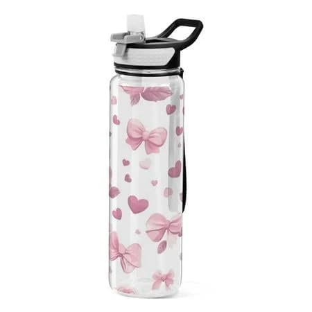 32oz Transparent Sports Water Bottle with Straw for Kids Adults Outdoor School Gym Fitness Pink Roses and Bows, Adult Unisex, Size: Large