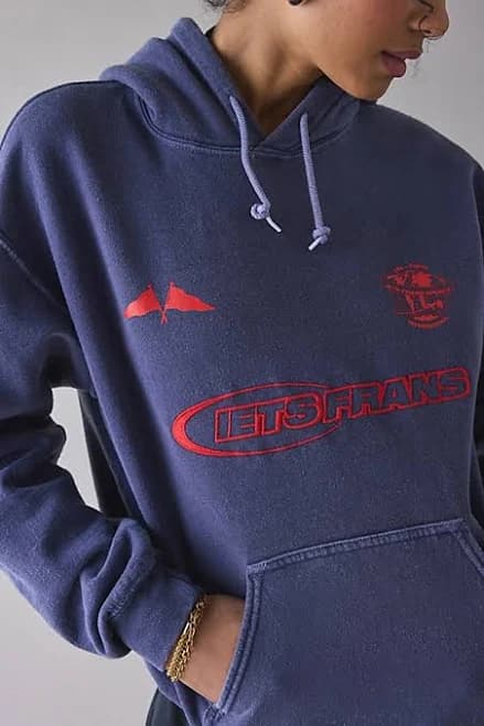 iets frans... Embroidered Sports Logo Hoodie Sweatshirt in Blue Cotton, Men's S at Urban Outfitters