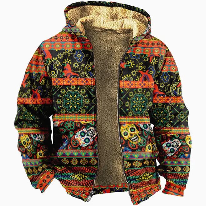 Mens Floral Paisley Pattern Fleece Hoodie Sweater Zip Jacket