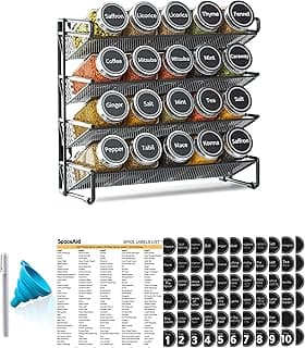 Spice Rack Organizer with 20 Spice Jars, 386 Spice Labels, Chalk Marker and Funnel Set for Cabinet, Countertop, Pantry, Cupboard or Door & Wall Mount - 20 Jars, 9.8" W × 10.8“H, Black