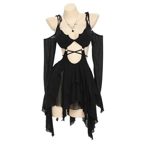 Gothic Bat Cut Out Irregular Camisole Dress with Necklace