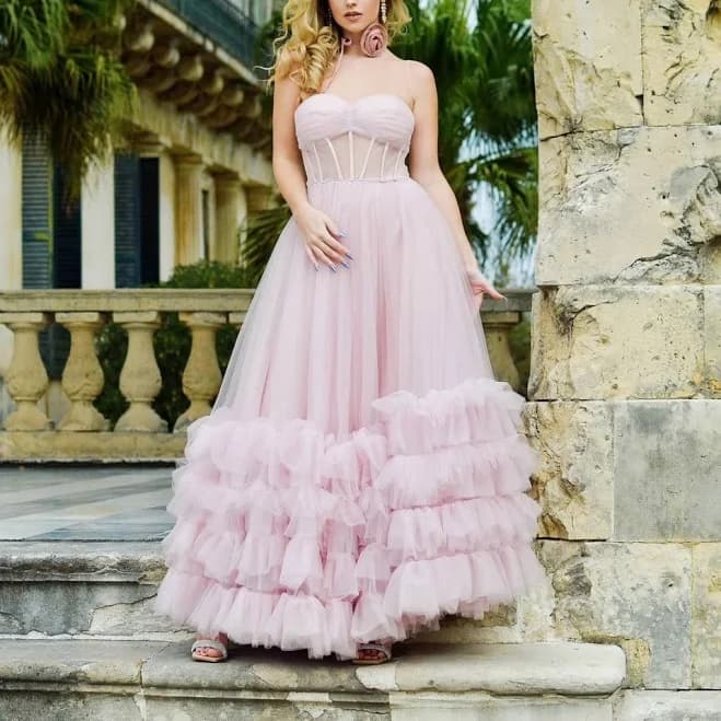 Sutton Pink A-Line Ruffle Tulle Prom Dress