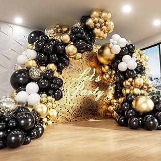 182pcs Black and Gold Balloons Garland Arch Kit, 5 10 12 18 inch Black White Metallic Gold Confetti Latex Balloons for 2024 Graduation Decorations New Year Birthday Party Decorations