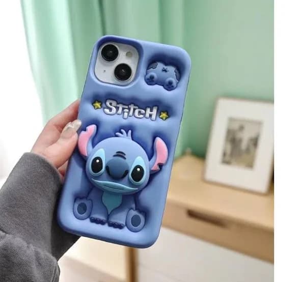 Cute Blue Stitch Phone Case, Soft Silicone iPhone Cover with Grip Stand, Gift for Cartoon Lovers