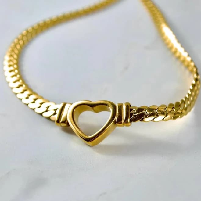 Chunky Curb Link Open Heart Pendant Necklace