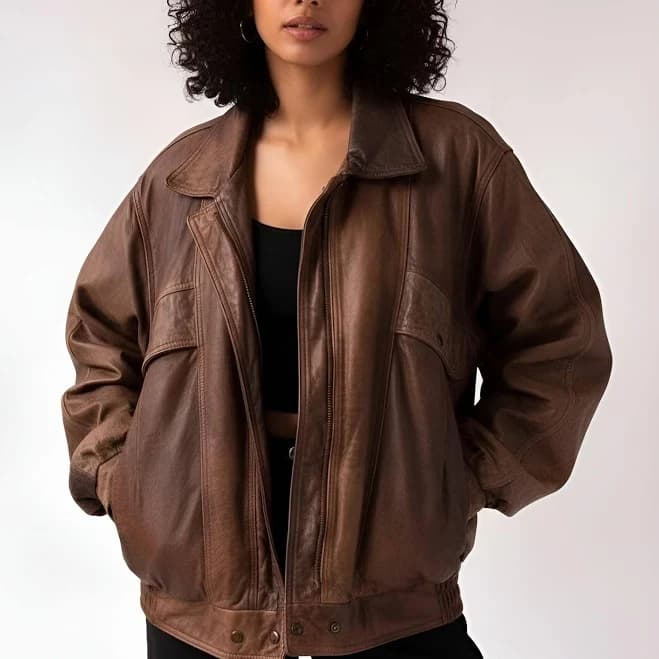 Vintage Distressed Leather Bomber Jacket