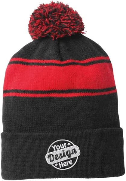 Custom Pom Pom Beanie – Black with Red Stripe – Embroidered Cuff Logo
