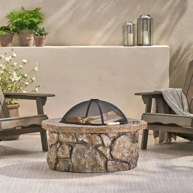 Noble House Easton Outdoor Cement Stone & Iron Fire Pit