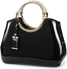 HOXIS Charm Glossy Metal Grip Structured Shoulder Handbag Women Satchel, Black, Medium : Amazon.sg: Fashion