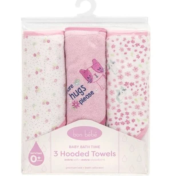 Girl's 3-Pack Snuggle Kitten Floral Hooded Bath Towels - Pink & White | Cozy & Absorbent