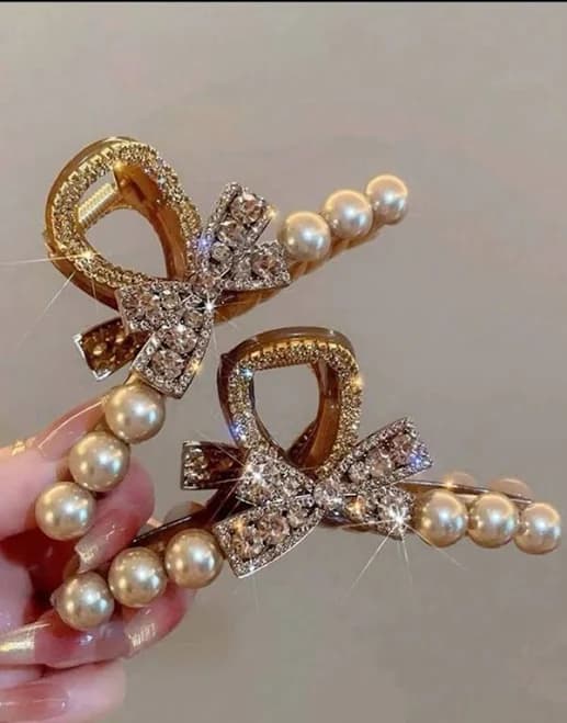 Sparkly Crystal Pearl Bow Rhinestone Hair Claw Clip