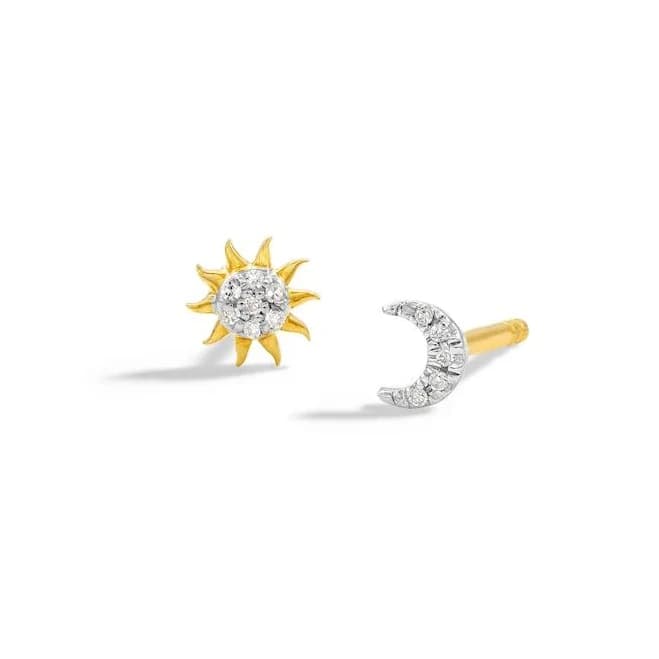 14K Plated Gold Diamond Moon and Sun Mismatch Studs