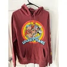 Looney Tunes Mens Maroon Graphic Hoodie Character Sleeve Print Sweatshirt Large