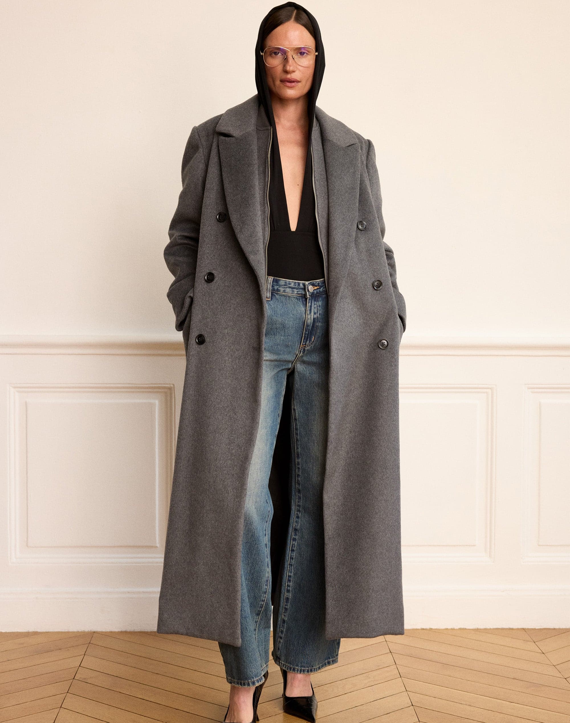Double Breasted Wool Trench Coat in Dark Grey Marle | Glassons US