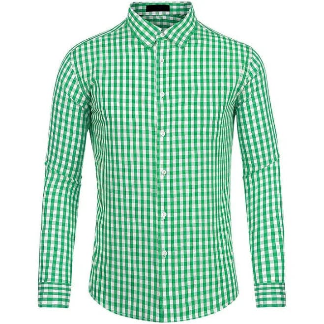 Men's Plaid Button Down Long Sleeves Dress Checkered Shirts, Size: XL, Green White