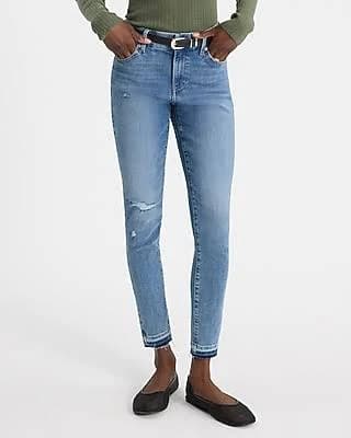 Express Women's Mid Rise Curvy Flexx Ripped Raw Hem Skinny Jeans