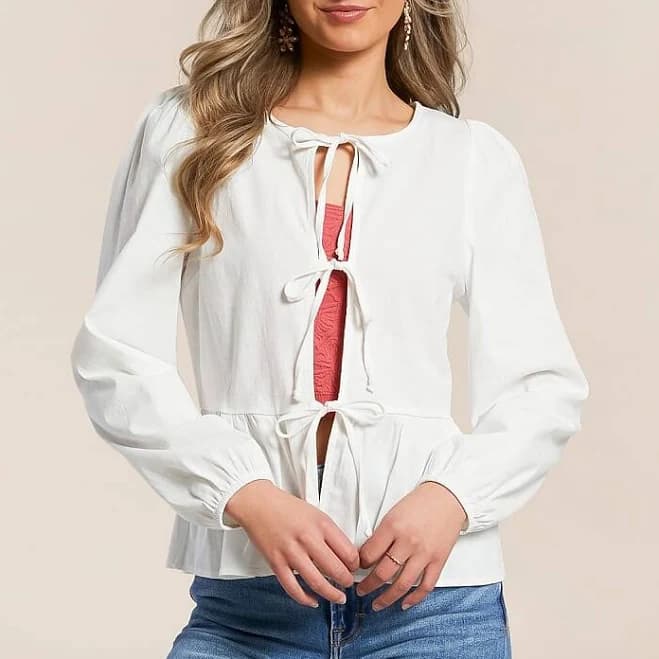 Willow & Root Women's Cotton Front Tie Peplum Top with Buckle