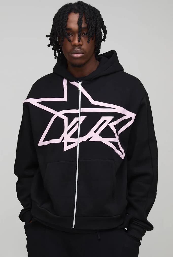 boohooMAN Men's Tall Oversized Boxy Star Printed Zip Through Hoodie