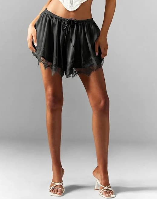 Missguided Women's Lace Trim Satin Shorts with Drawstring Waist
