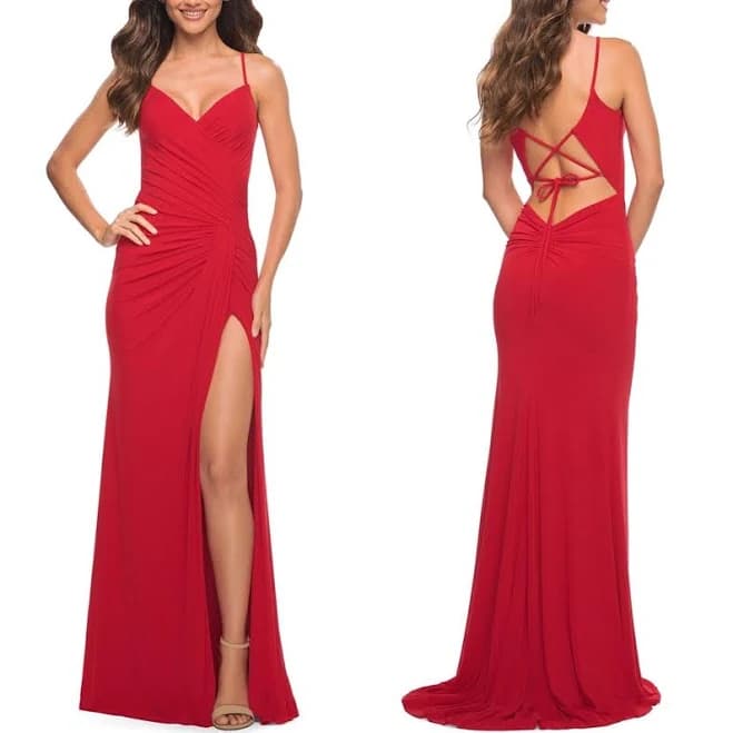 La Femme Women's Net Jersey Long Ruched Gown with Slit and Open Back
