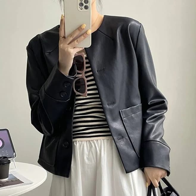 Korean Style Collarless Cropped Faux Leather Jacket