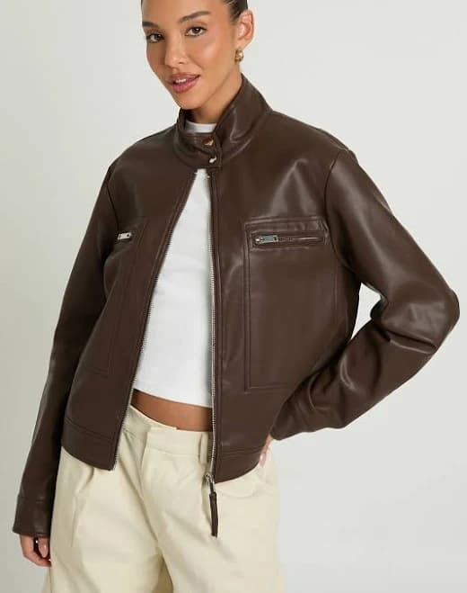 Boohoo Women's Faux Leather Button Up Collar Zip Pocket Jacket