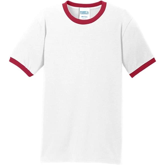 Perfect Imprints 24 qty - Port & Company Red White Promotional Port & Co Core Cotton Ringer Tee. PC54R S custom printed with your logo, White/Red,