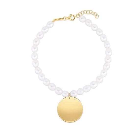 14K Engravable Pearl Tag Charm Bracelet