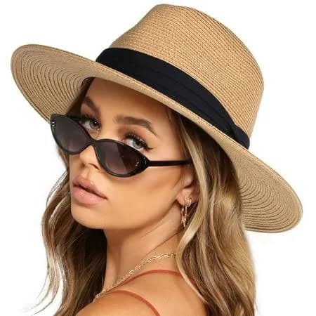 Women's Lightweight Packable Wide Brim Straw Fedora Sun Hat