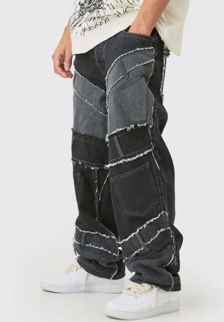 boohooMAN Men's Baggy Rigid Patchwork Waistband Jeans