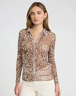 Express Women's Mesh Leopard Print Long Sleeve Ruched Shirt
